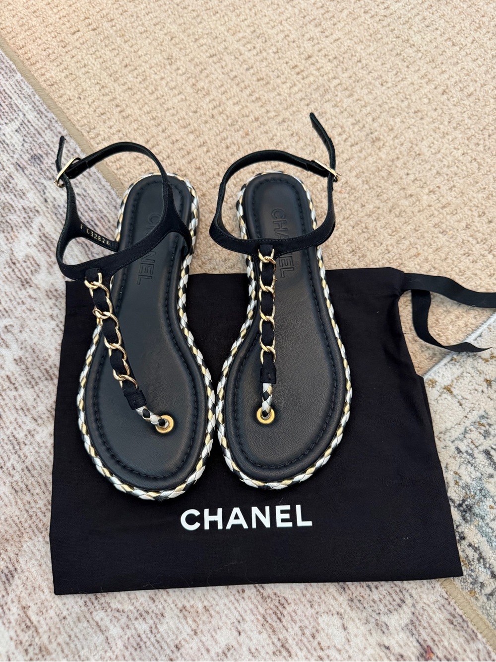 CHANEL New Authentic Black Leather & Gold Chain T-Strap Sandals with Braid